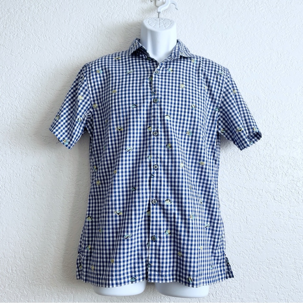 Tori Richard Men's Gingham Blue White Embroidered Fish Short Sleeve Shirt SMALL